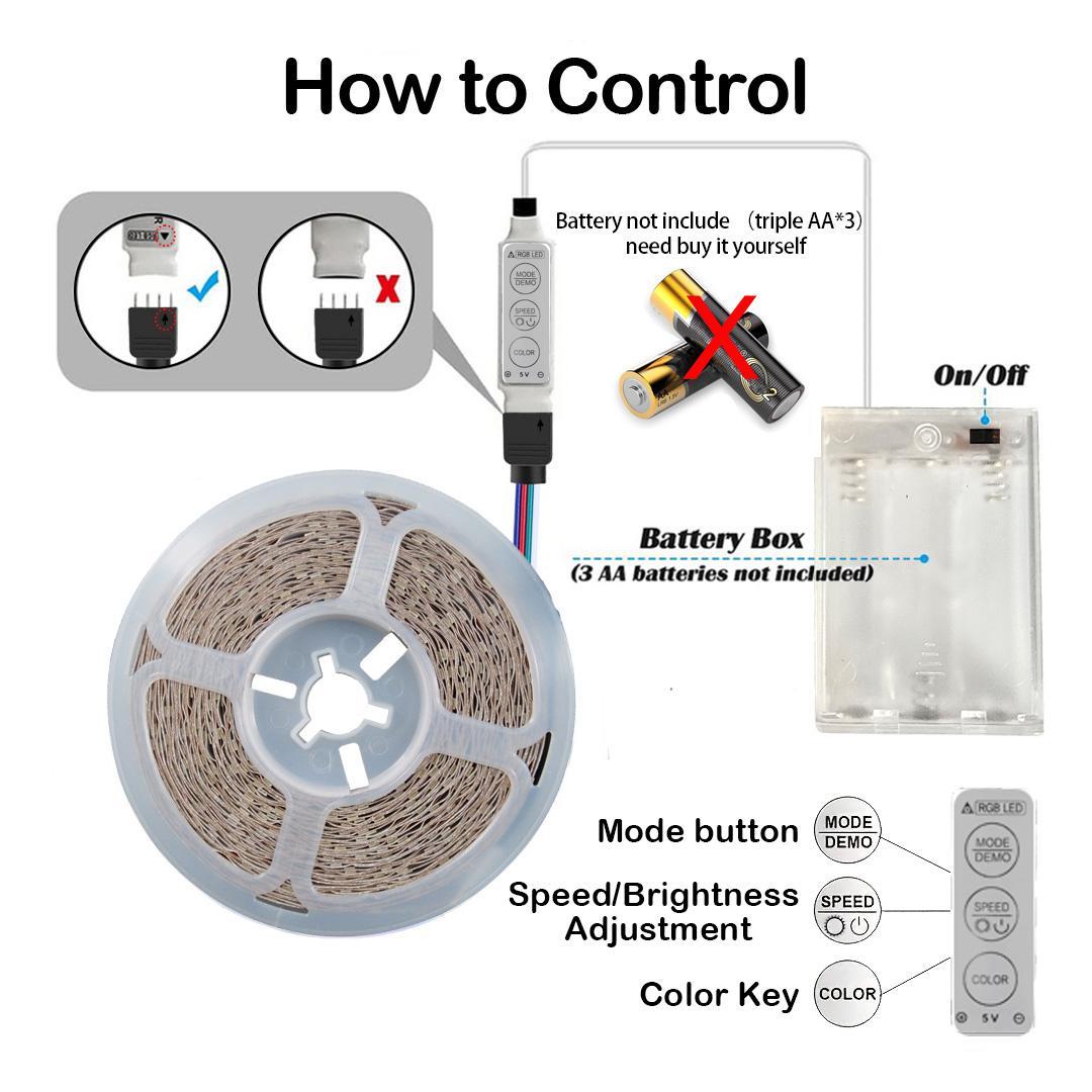 LED Light Strip, RGB LED Lights, 5V Light Strip with 3-Key Controller & Portable Battery Box, Cuttable & Dimmable Strip Light for Living Room, Party, Festival Decor