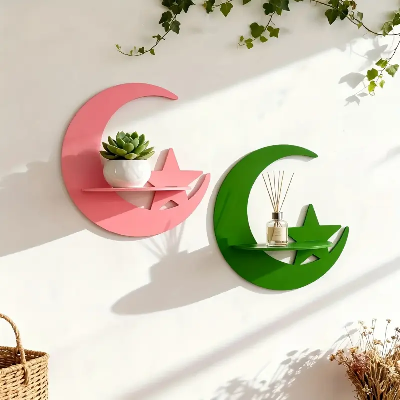 2 styles of moon-and-star wooden floating wall shelves, curved moon and star shaped wall display racks with soft bohemian style wall decorative ledges. They can hold crystals, succulents and essential oils, serving as wall storage shelves for bedrooms, nu
