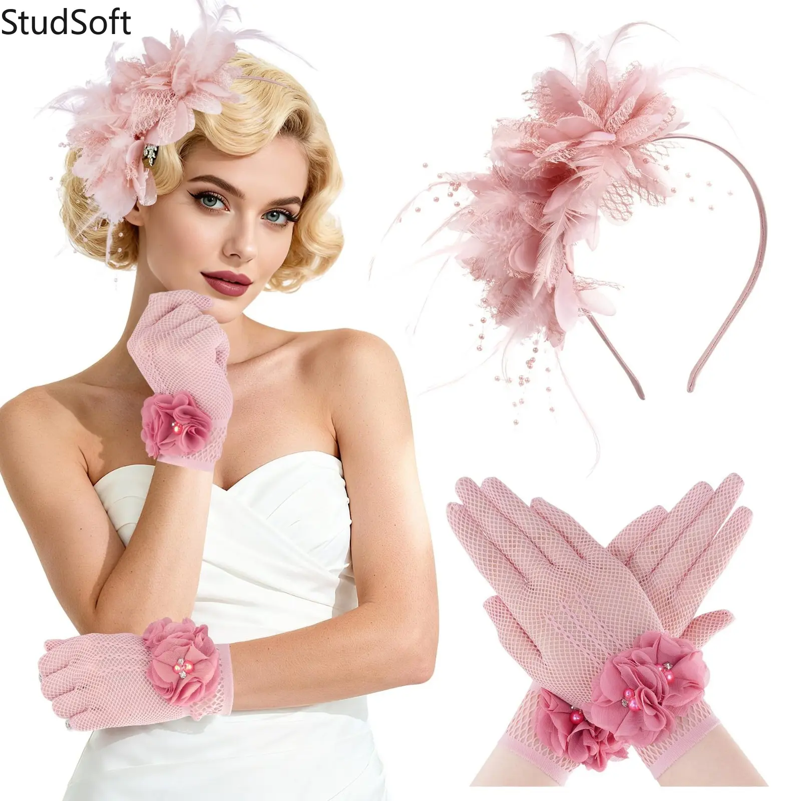 Women's 1920s Flapper Headpiece Mesh Feather Headband Short Lace Gloves Set Vintage Floral Tea Party Fascinator Bride Wedding Costume Accessories