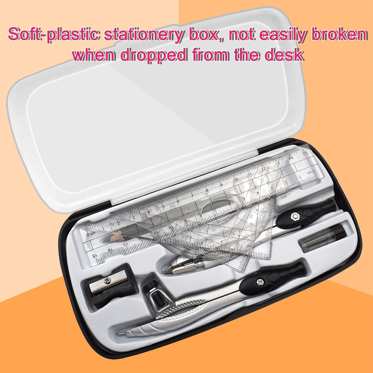 Professional Geometry Compass Set, Starter Compass Set Includes 2 Drafting Compasses, Protractor, 2 Set Squares, Ruler in Storage Box, -to-School Math Supplies for Students, Black