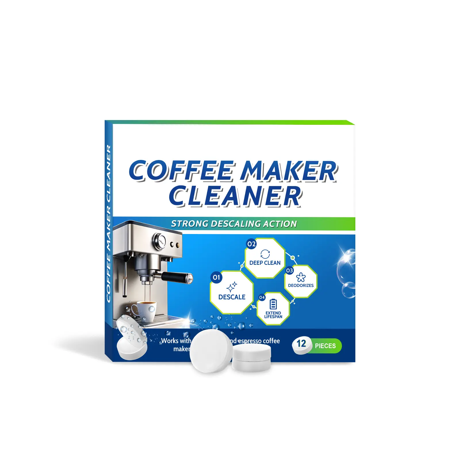 AMZ Bicarb Soda Coffee Machine Cleaning Tablets - Easy Tablet Form for Home Users, Daily Gentle Stain Removal, Scale Removal, Portable Universal Care, Universal Fit