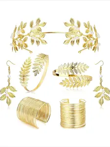 7Pcs Greek Goddess Costume Accessories Set for Women Golden Leaf Crown Bracelet Earrings Bridal Wedding Jewelry, Halloween Party Jewelry