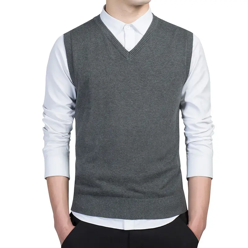 Solid color sweater vest V-neck base layer men's knitted sweater sleeveless pullover sweater for spring and autumn