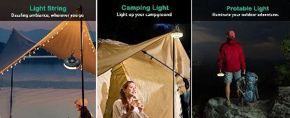 Rechargeable Waterproof Camping String Lights, 4 in 1 Lantern with 8 Modes, USB Type-C Fast Charging, Portable 32.8Ft Lights for Tent, Yard, Hiking, Patio, and Holiday Decorations
