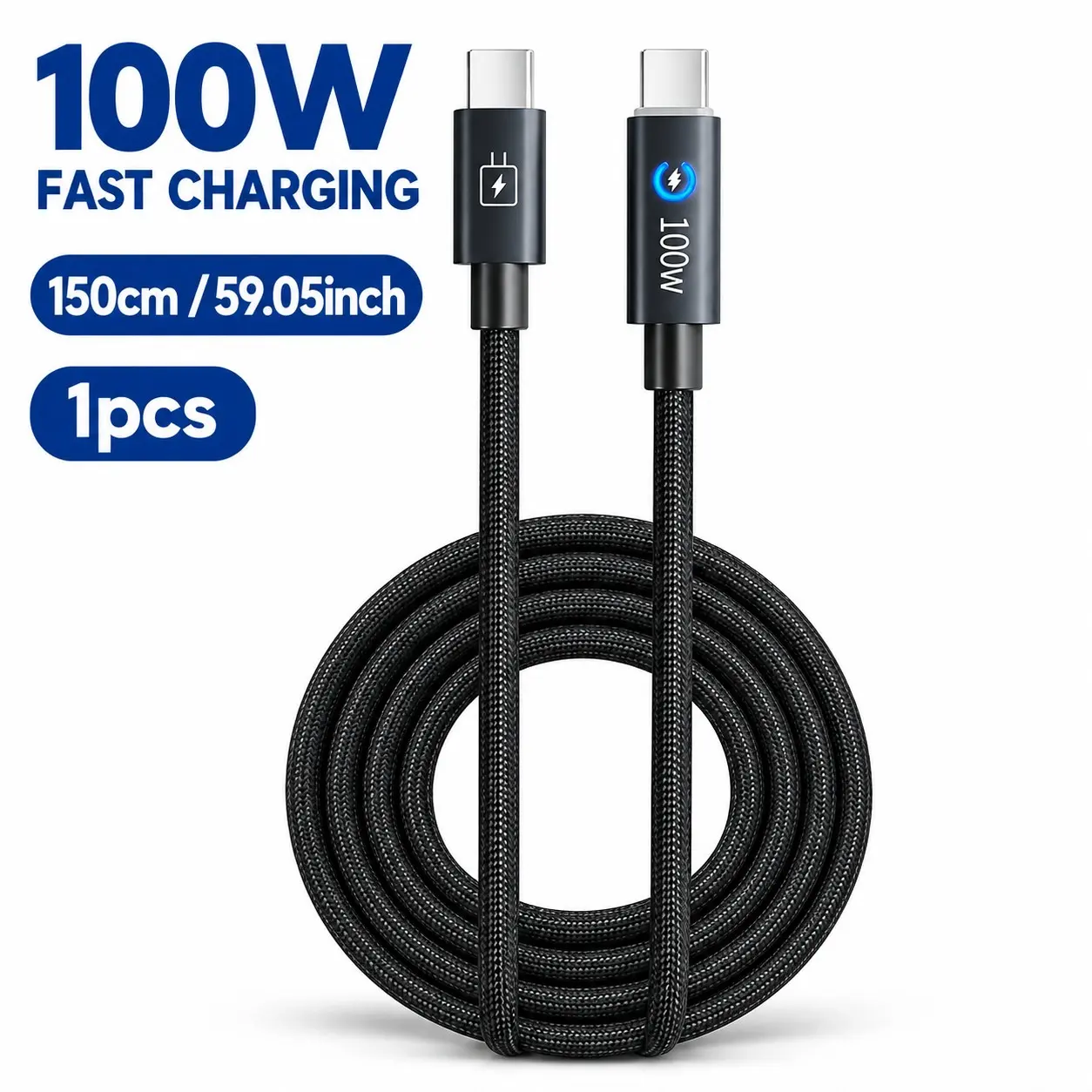 100W Smart Auto-Stop USB-C to USB-C Fast Charge Cable, 5FT Braided Cord with LED Indicator & Data Sync, Night Charging Protection for iPhone 18/17/16/15, Samsung Galaxy, Pixel, Tablets & Laptops, Mobile Charging Cable