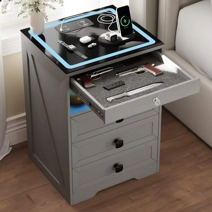 Smart Nightstand With Lockable Gun Drawer,Farmhouse Bedside Table With Charging Station And 3 LED Lights, Modern Night Stand With 3 Drawers,Glass Top End Side Table For Bedroom(Black),Adjustable,Mobile,Standing,entryway,gaming,desk,offic,aff,living,space,