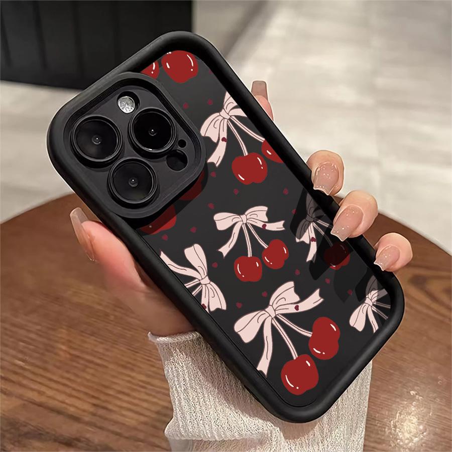 Cherry Bow Pattern Case for iPhone 17 Pro Max 16 16e 15 14 Plus 13 12 Mini 11 Air X XS Pattern Soft TPU Rubber Camera Protection Rugged Mobile Phone Cover Gift 2D printing