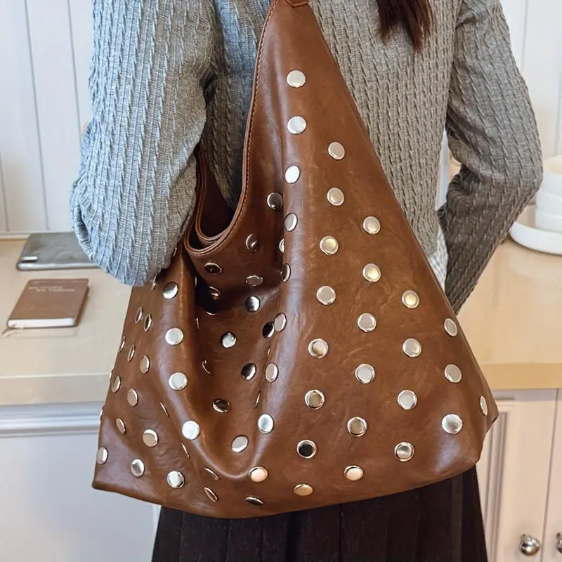 Women's Vintage  Tote Bag with Magnetic Closure - Large Capacity Single Shoulder Handbag, Coffee/Brown/Black/White, Elegant Retro Purse for Commuting, Travel & Shopping