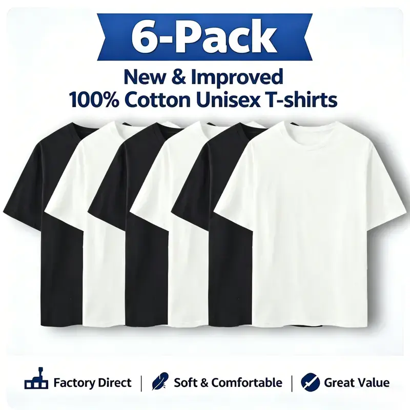 Men's 6-Pack Round Neck Short Sleeve T-Shirts, Classic Black & White, Factory Direct, Soft Breathable 100% Cotton Unisex Oversized Tops, Casual Menswear (S-5XL), Top, Shortsleeve