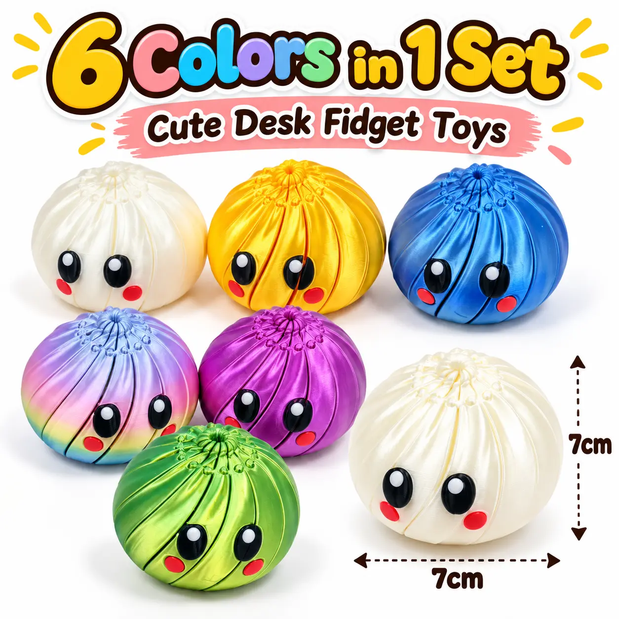 3D-Printed Plastic Kawaii Fidget Dumpling - Cute Design, Glossy Eyes, Cheerful Expression, Rosy Cheeks, Pastel Rainbow Gradient, Articulated Sensory Friendly Toy, Fun Handheld Desk Fidgeter, 6-8 Years Old Care Package Stocking Stuffer, Kawaii Collectors