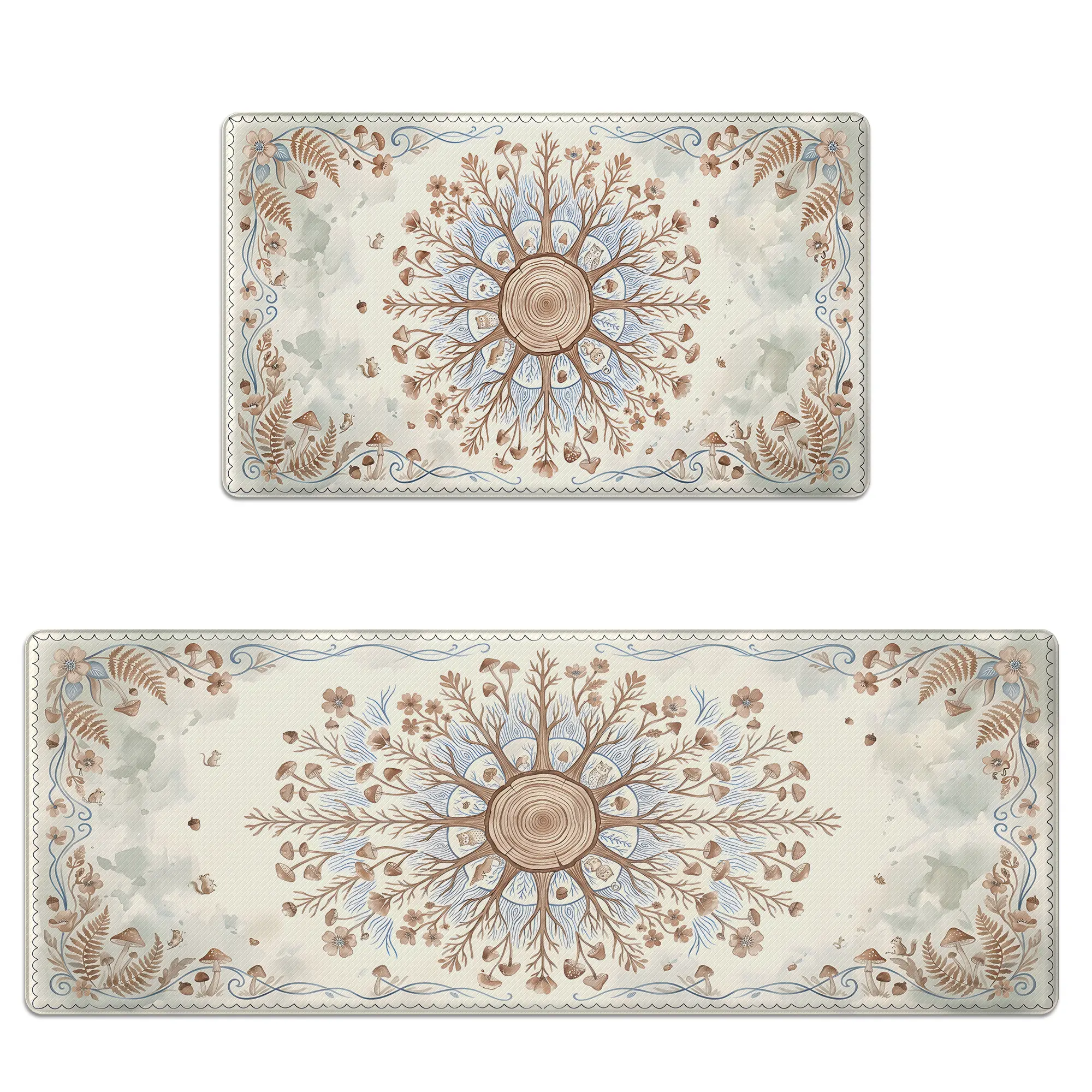 Kitchen Mat Set of 2 Anti-Fatigue Cushioned Memory Foam, Non-Slip, Scratch-Resistant & Waterproof Woodland Tree Mushroom Floral Pattern Rug for