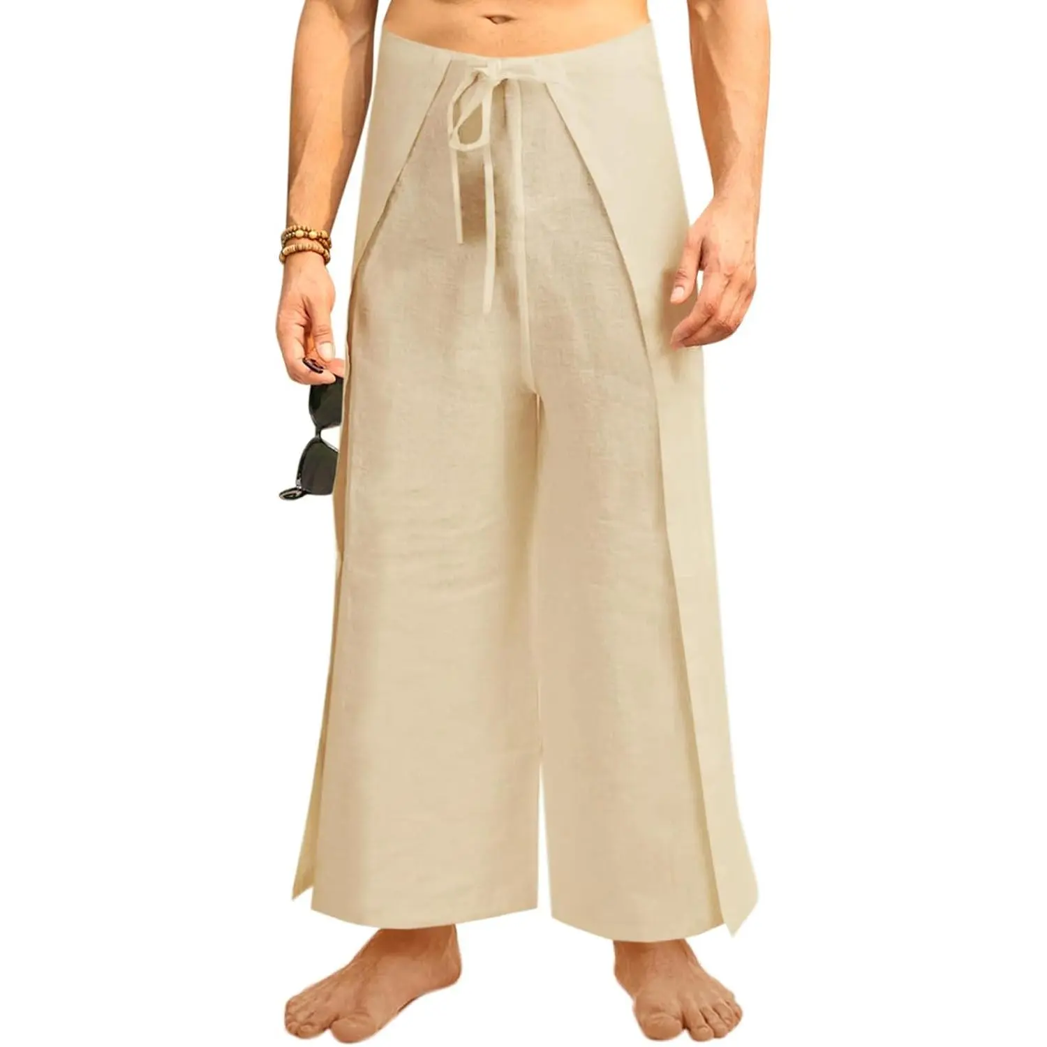 Men's Linen Drawstring Trousers - Solid Color, Wrap-Style, Thai Fisherman-Inspired, Lightweight, Loose-Fit for Motorcycle Riders, Loose-Fit for Yoga, Black
