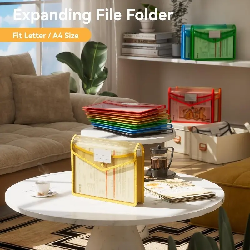6-Piece plastic expansion folder, specially designed for file storage, with snap closure, bright file organizer, accordion-style bag, large capacity.