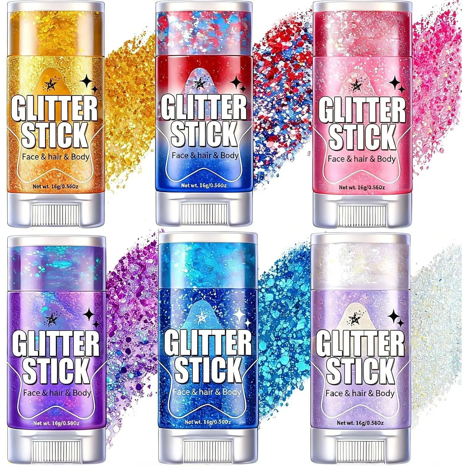 6Pcs Body Glitter Stick Set, Sparkly Mermaid Face Glitter Makeup for Kids, Waterproof Holographic Sequins Hair Glitter for Women, Rave Festival Party Concert Cosplay Accessories(Gift)