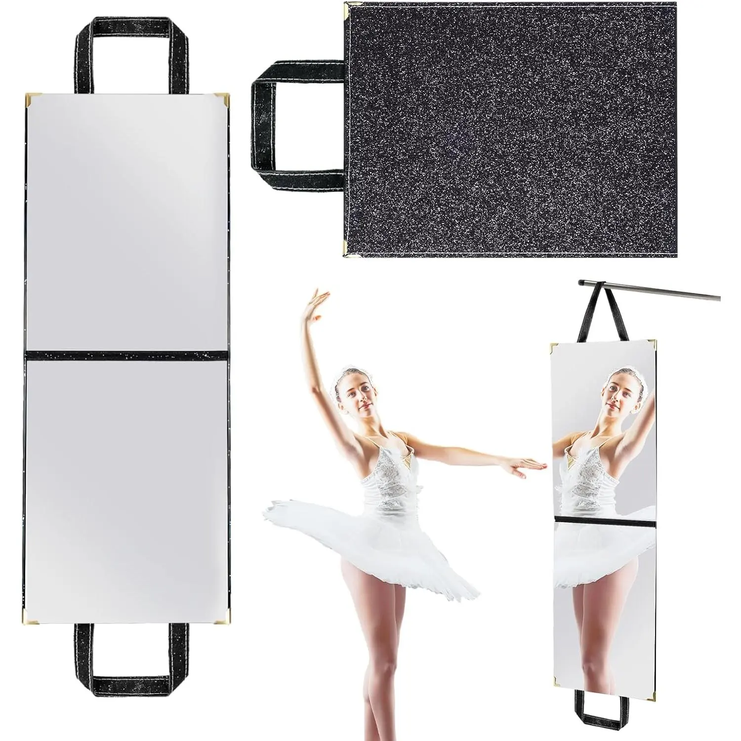 Foldable  Full Length Mirror with Handle, Black, Bi-Fold | Wall & Table, Portable, Lightweight, Glitter Surface, for Dance Bedroom Wardrobe Stage Makeup Checks Travel Camping Use