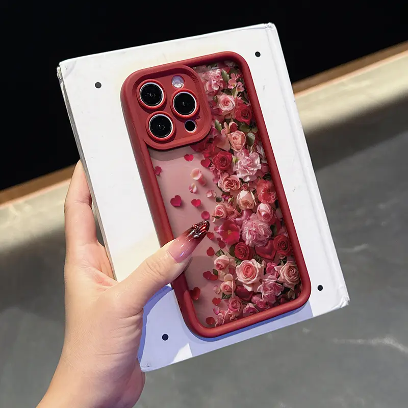 Phone Case - Ladder Wine Red Petal Pattern Shockproof Protective Phone Case, Suitable for iPhone 17 E Air 16 15 14 Pro Max Plus 13 12 Mini 11 X XS XR