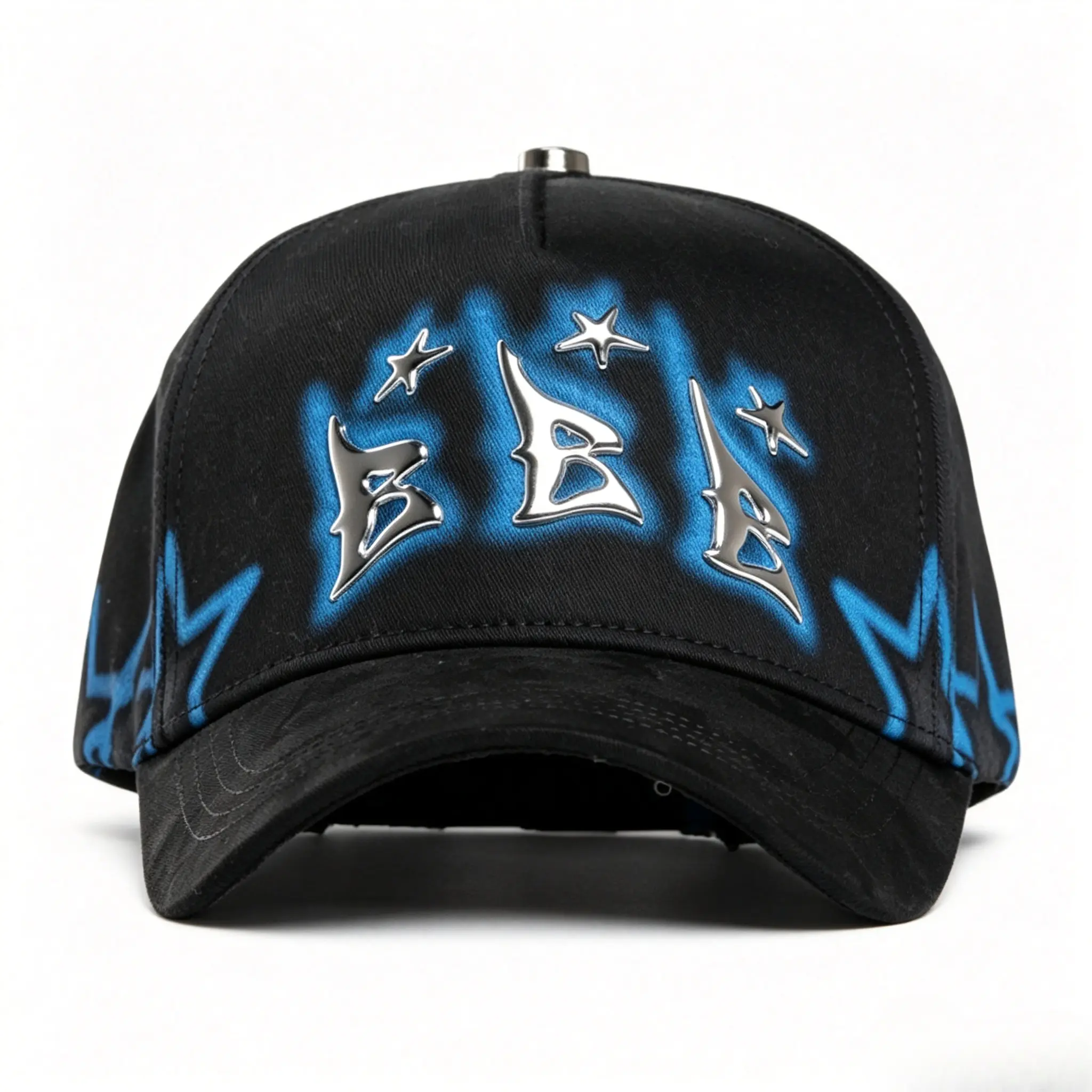 Triple B 3D Metal Logo Baseball Cap Blue Spray Paint Graffiti Star Studs Black Distressed Adjustable Snapback Cyber Y2K Punk Streetwear Unisex Casual Sun Protection Hat
