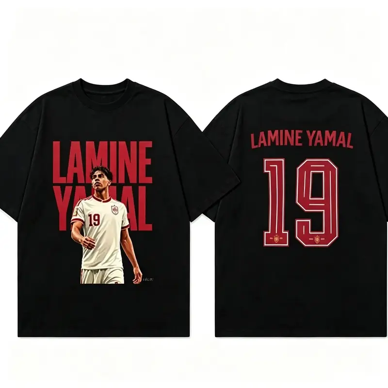 Women's Short-Sleeve Graphic T-Shirt - Large Size, Wine Red, Bold "LAMINE YAMAL" Font, #19 Champion Design, Yamal Character Illustration, Fully Preserved Portrait Colors, Natural Fabric, Aesthetic Style