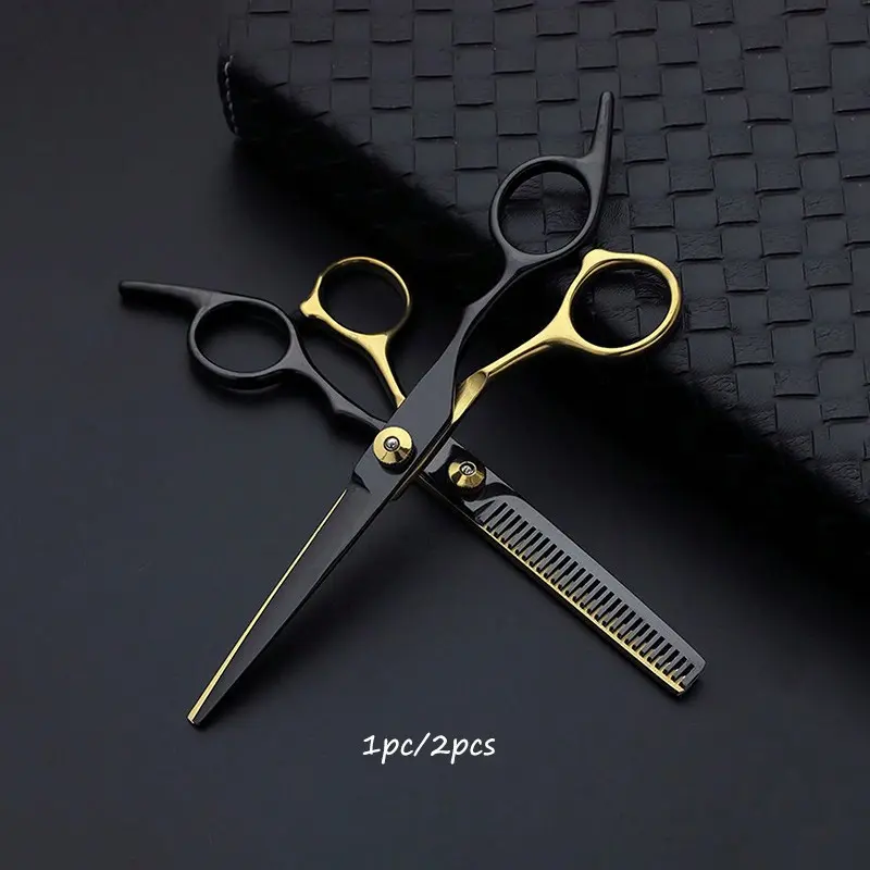 Gold Haircut Scissors, 1pc/2pcs, Flat Blade Toothed Trimmer, Salon Home Beauty Tool, Precision Hair Thinning Clippers