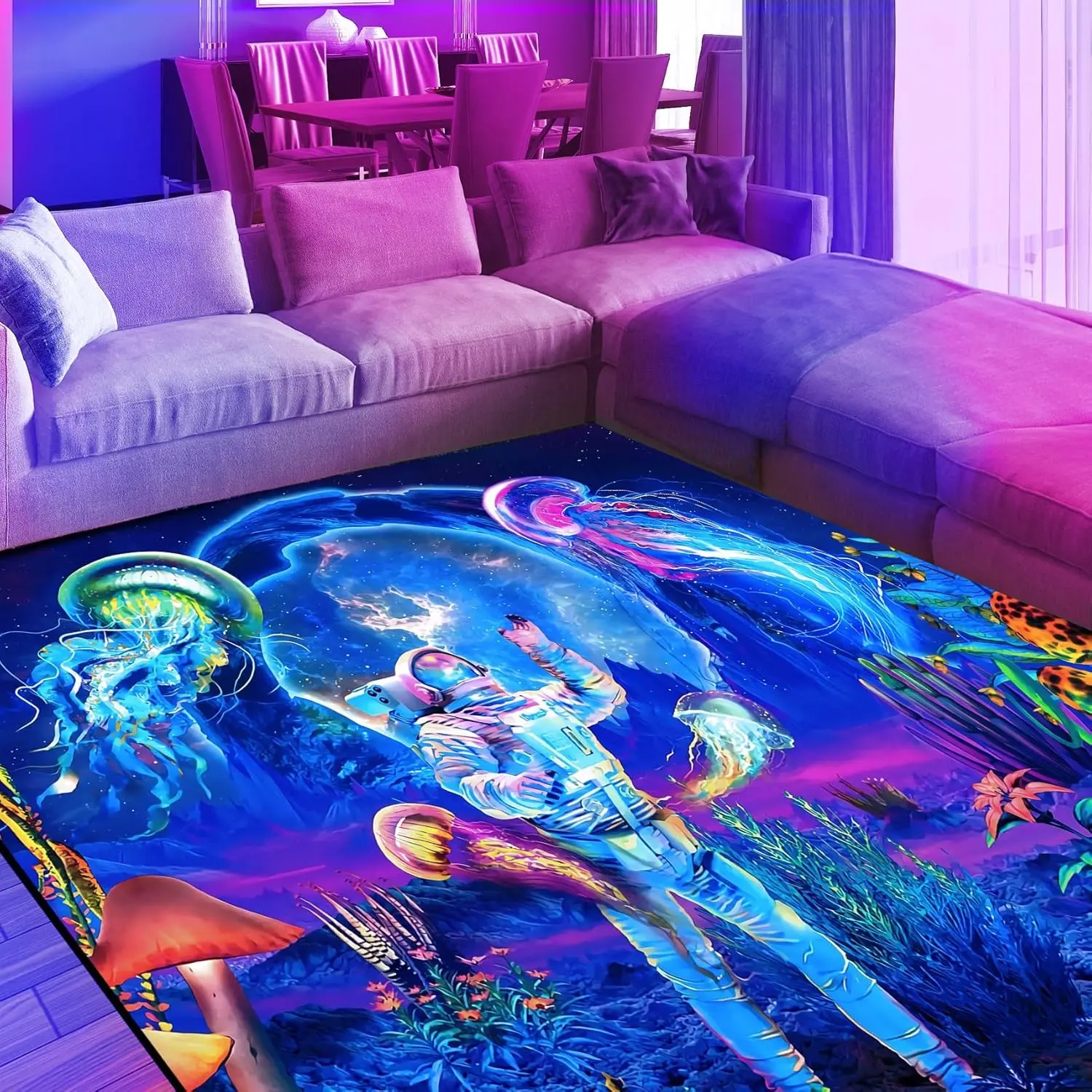 Blacklight Astronaut Area Rug, Neon UV Reactive  Rug, Non-Slip Fluorescent Floor Mat Carpet, Glow in The Dark Jellyfish Galaxy Space Bed Room Decor 70x47inch