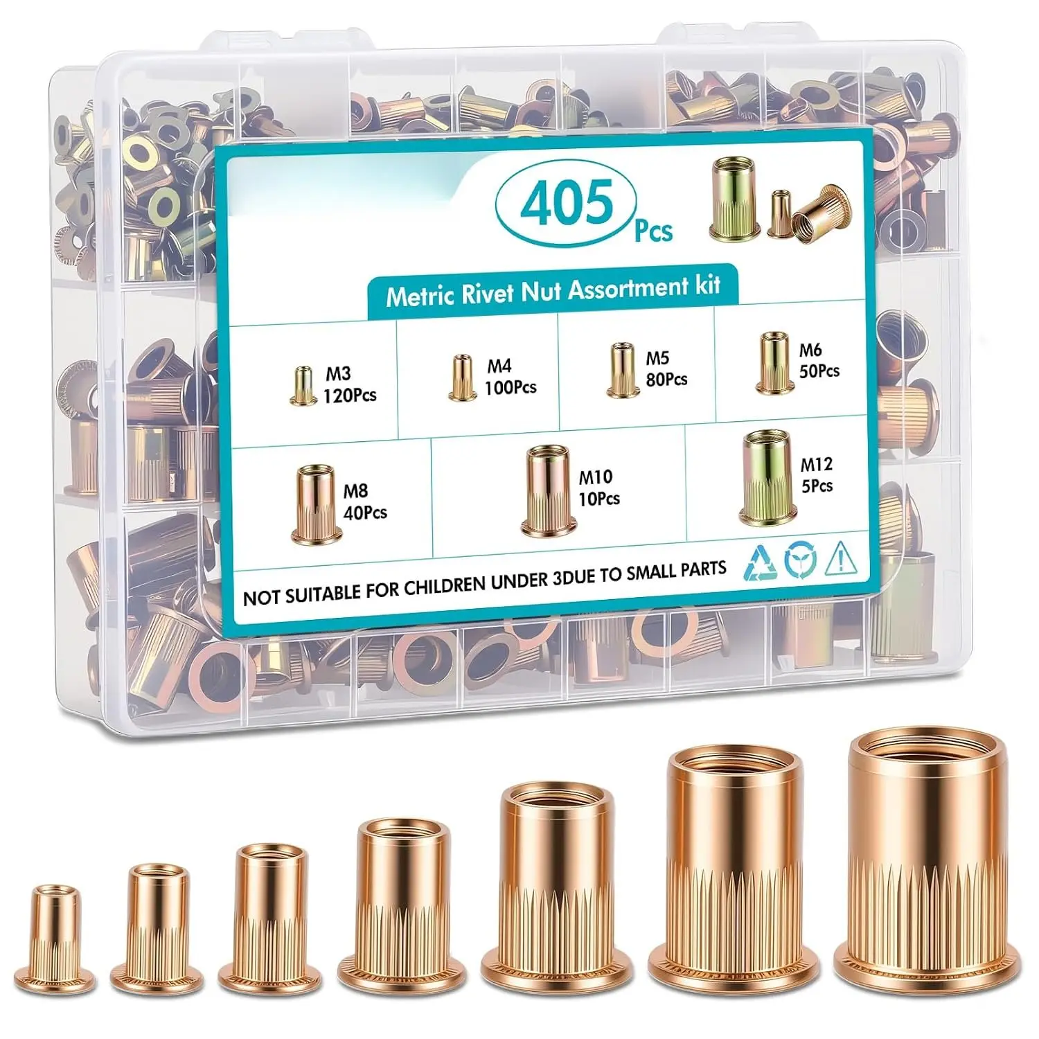 405- Metric Rivet Nut  Kit | M3-M12 UNC Flat  Threaded Insert Nutsert Set for Metal | Zinc Plated Carbon Steel Rivnuts with Sturdy Storage Case
