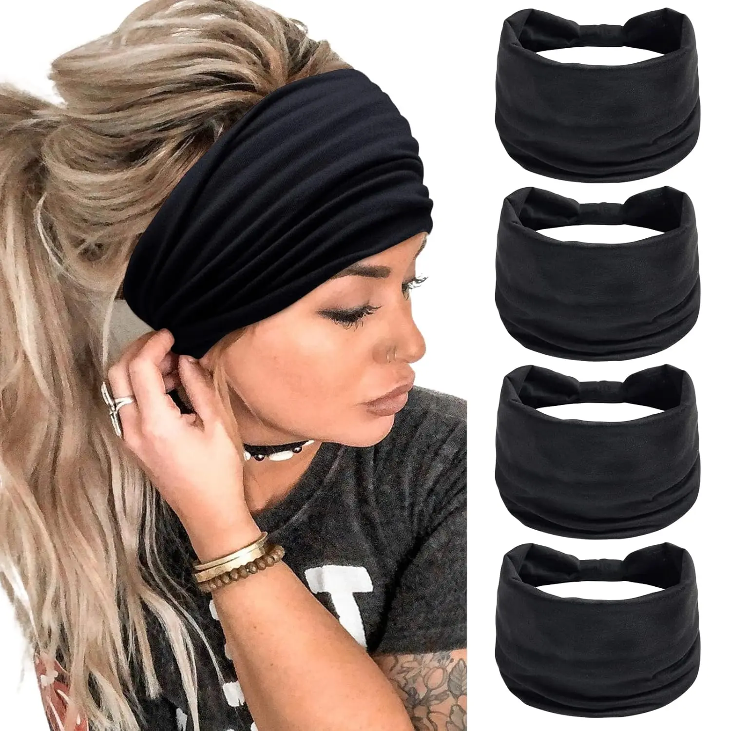 Women's Wide Headbands, 4 Pack Boho Turban Head Wraps, Thick Stylish Hair Accessories for Yoga & Sports, Boho Wrap, African Sport, Female, Large