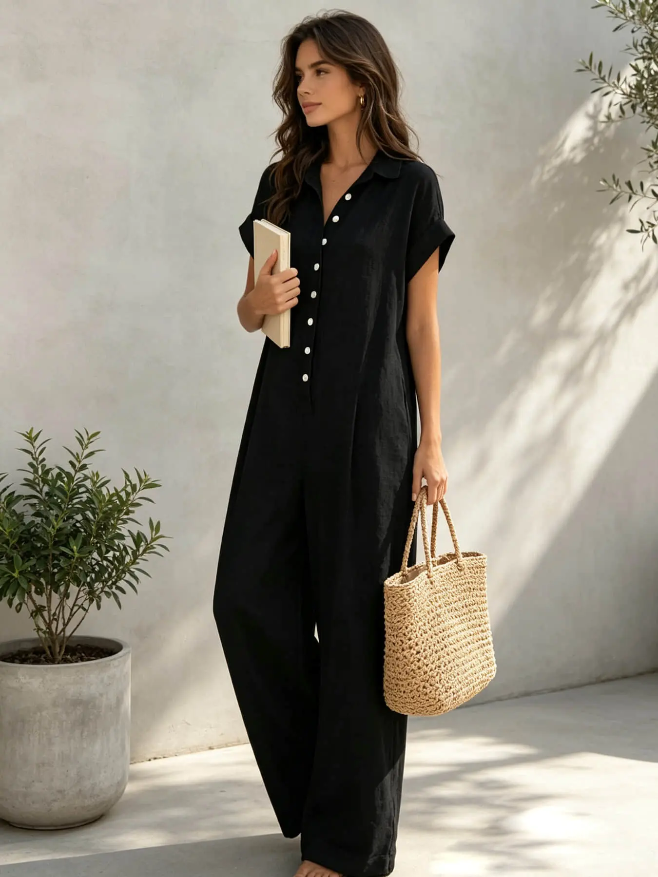 A lady's fashion French lazy-fit jumpsuit with a loose button-up design, featuring slimming wide-leg style. Perfect for summer, suitable for light social occasions, afternoon tea, vacation trips, commuting, and at-home wear. Solid jumpsuits