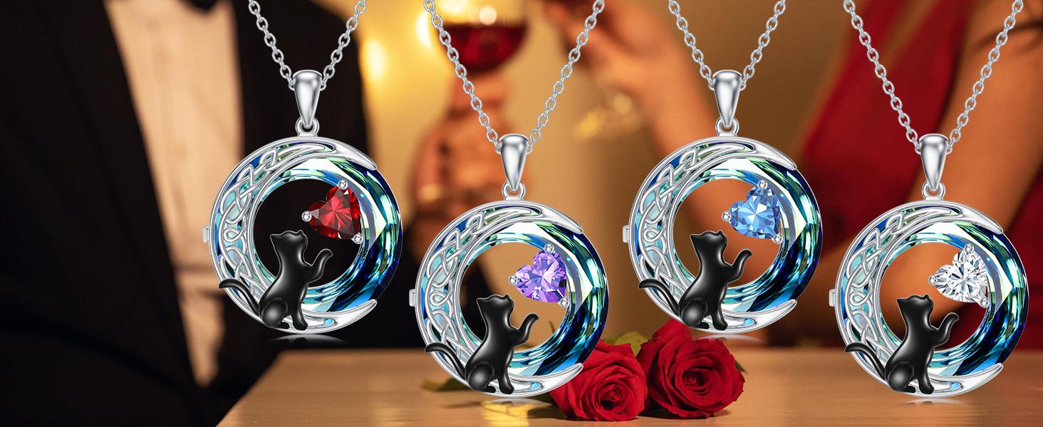 S925 Sterling Silver Celtic Gifts Cat Moon Birthstone Necklace with Round Crystal Jewelry Birthday  Christmas Gifts for Women Friend Mom b0