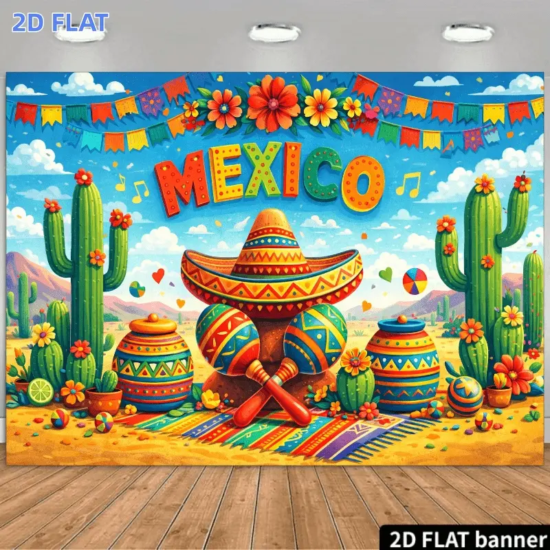 2D Flat Banner 1pc, A 2D Backdrop for a Mexican-Themed Party Featuring The Colorful Word "MEXICO" in The Center Surrounded by Wide-Brimmed Hats Margarita Glasses Colorful Piñatas Guitars Festive Banners Balloons Cacti Maracas, Pho