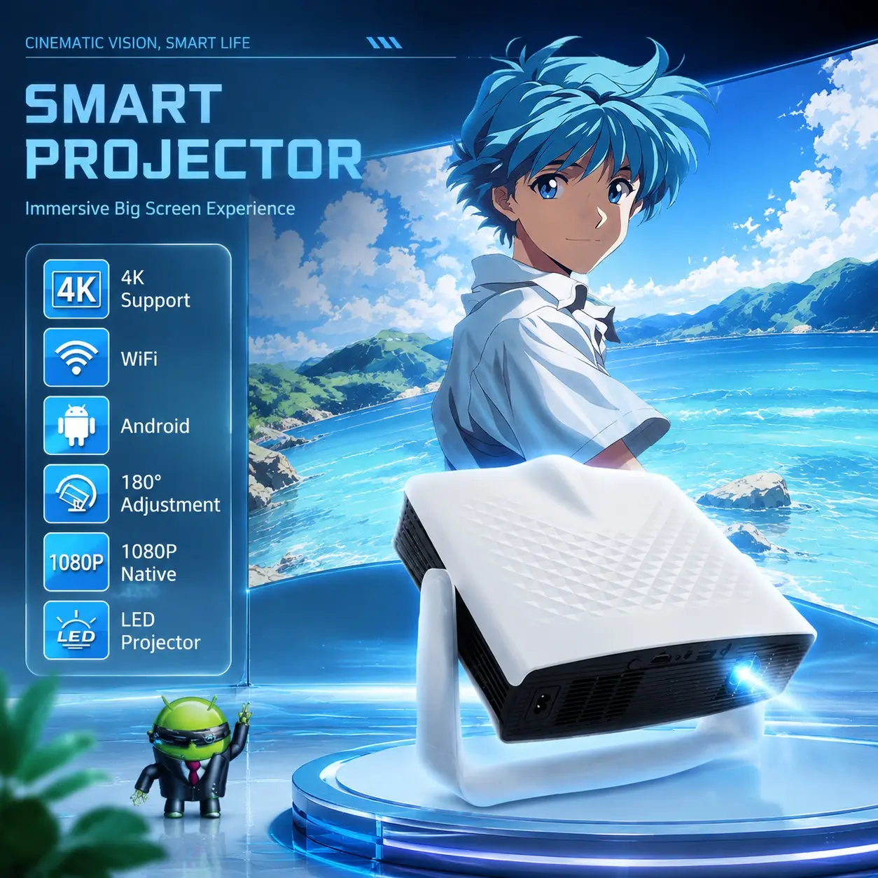 Allshepr Smart Projector, Android Wireless Projector, Android 14, 500 Lumens, Native 1080P, 4K Decoding, Wi-Fi 6 & Bluetooth-compatible 5.0, Auto Focus, Keystone Correction, Home Theater, Perfect Gift, LED Projector
