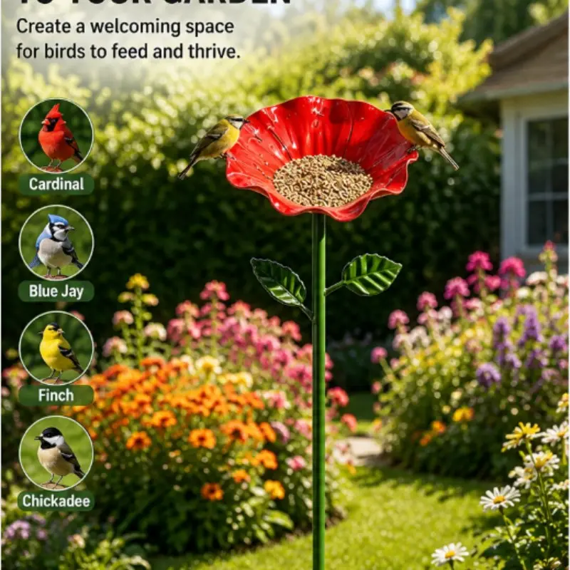 Handmade Metal Garden Sign and Outdoor Plant Sculpture, Bird and Butterfly Bee Bath Water Station, Pollinator Feeder with Bird Feeder Pole and Hummingbird Waterer, Bird Feeding Tool, Hummingbird Feeders, Bird Supplies
