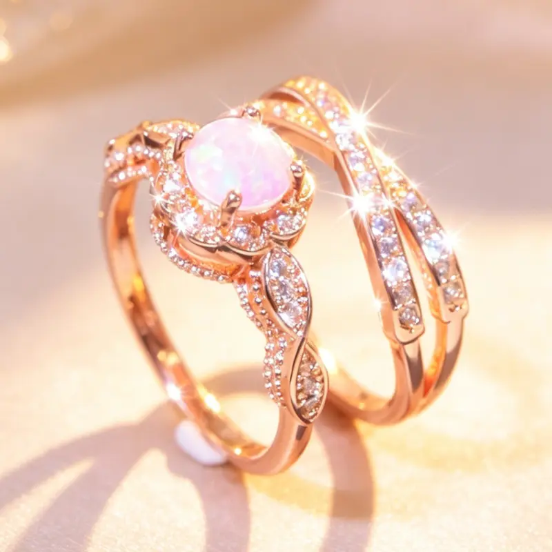 Women's 2-Part Opal & Rhinestone Solitaire Stackable Rings - Trendy X Shape/Halo Design Elegant Glittering Jewelry Stack/Ring Stack for Daily Wear & Weddings, Romantic Gift for Women