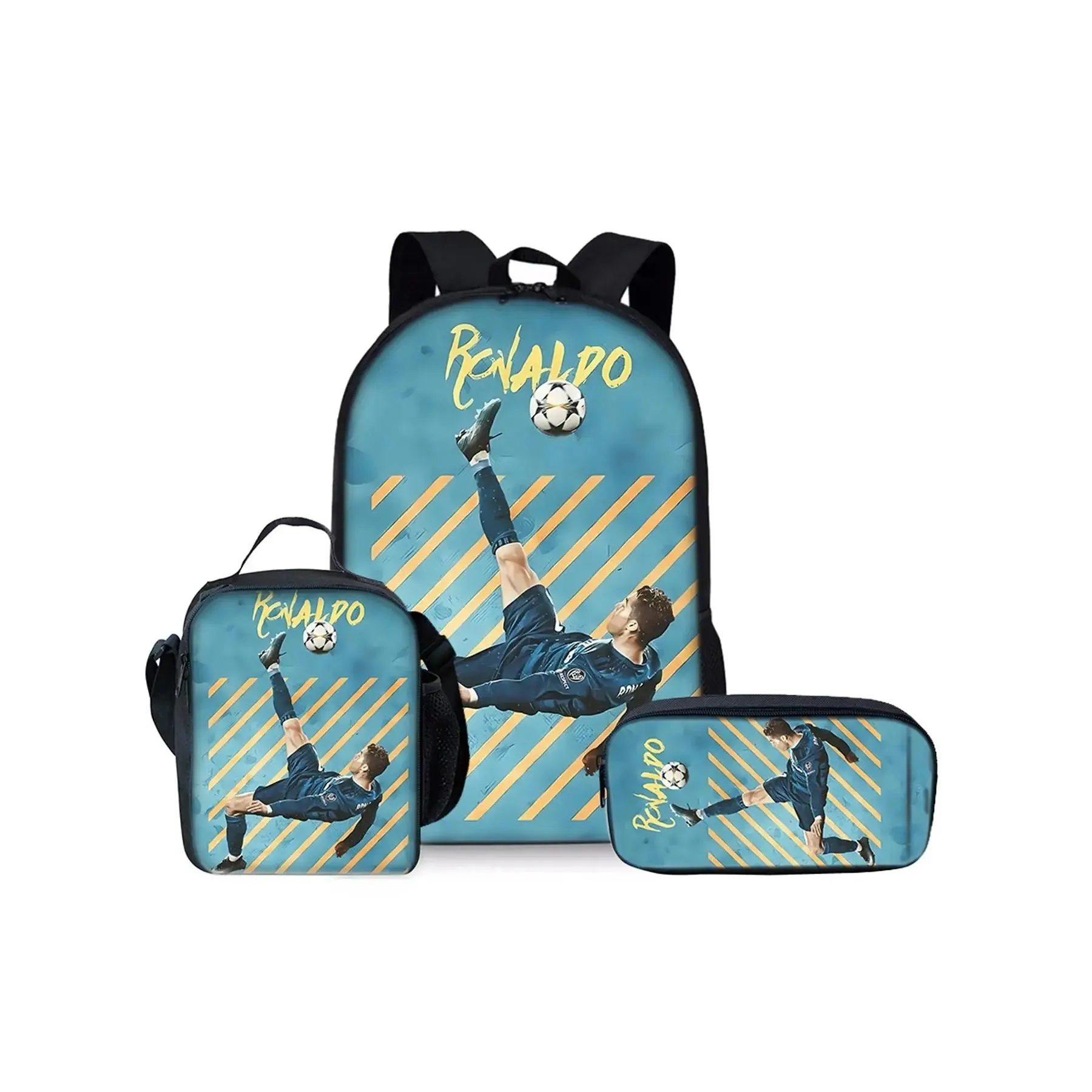 Football Elements Pattern Printed 17-inch Backpack Three-piece Set (Single-layer Backpack + Shoulder Strap Lunch Bag + Single-layer Pencil Bag) Casual Printed Backpack