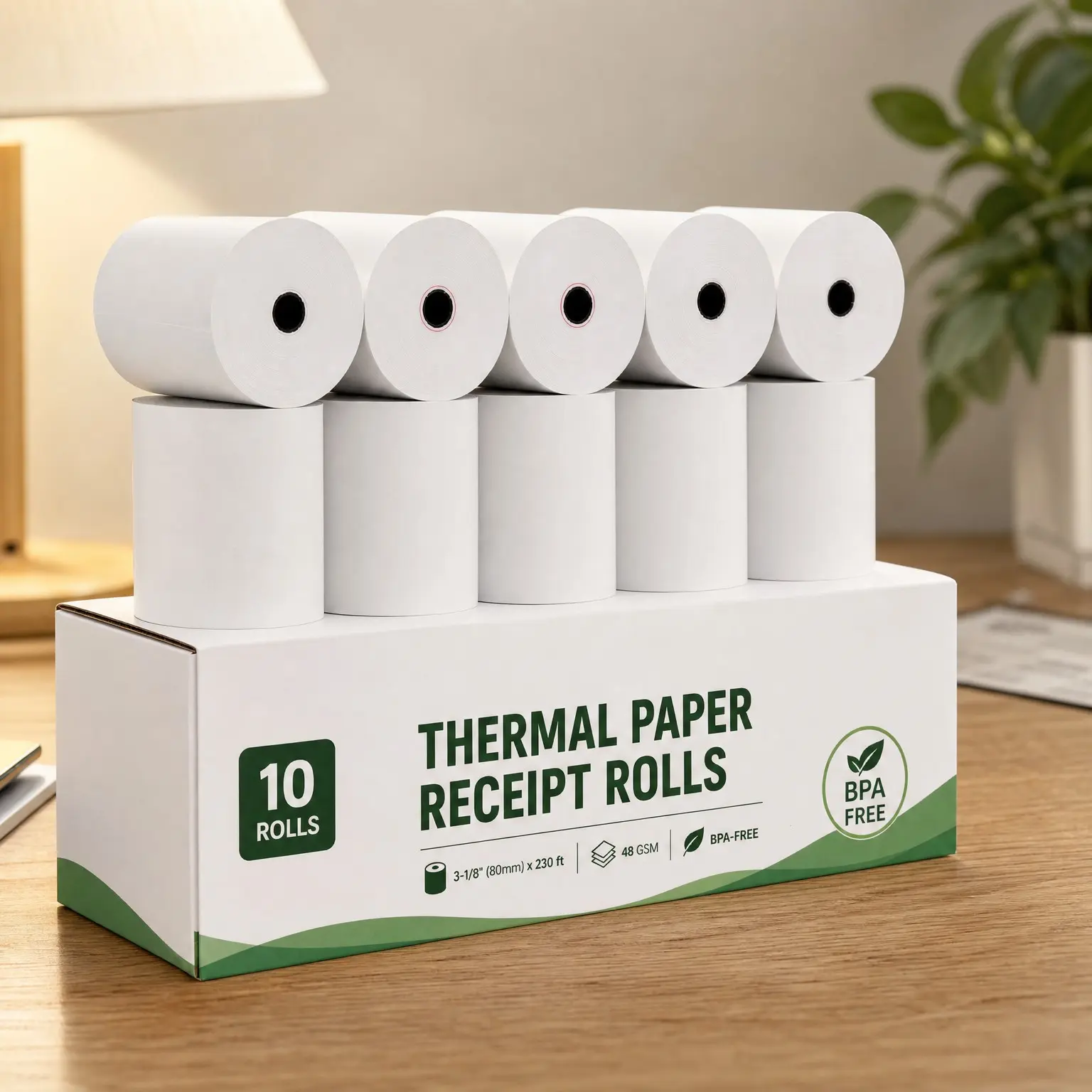 Thermal Paper Receipt Rolls, 10 Pack, 3-1/8" (80mm) x 230 ft, 48 GSM Premium Quality, BPA-Free, Compatible with Standard POS Thermal Printers & Cash Registers