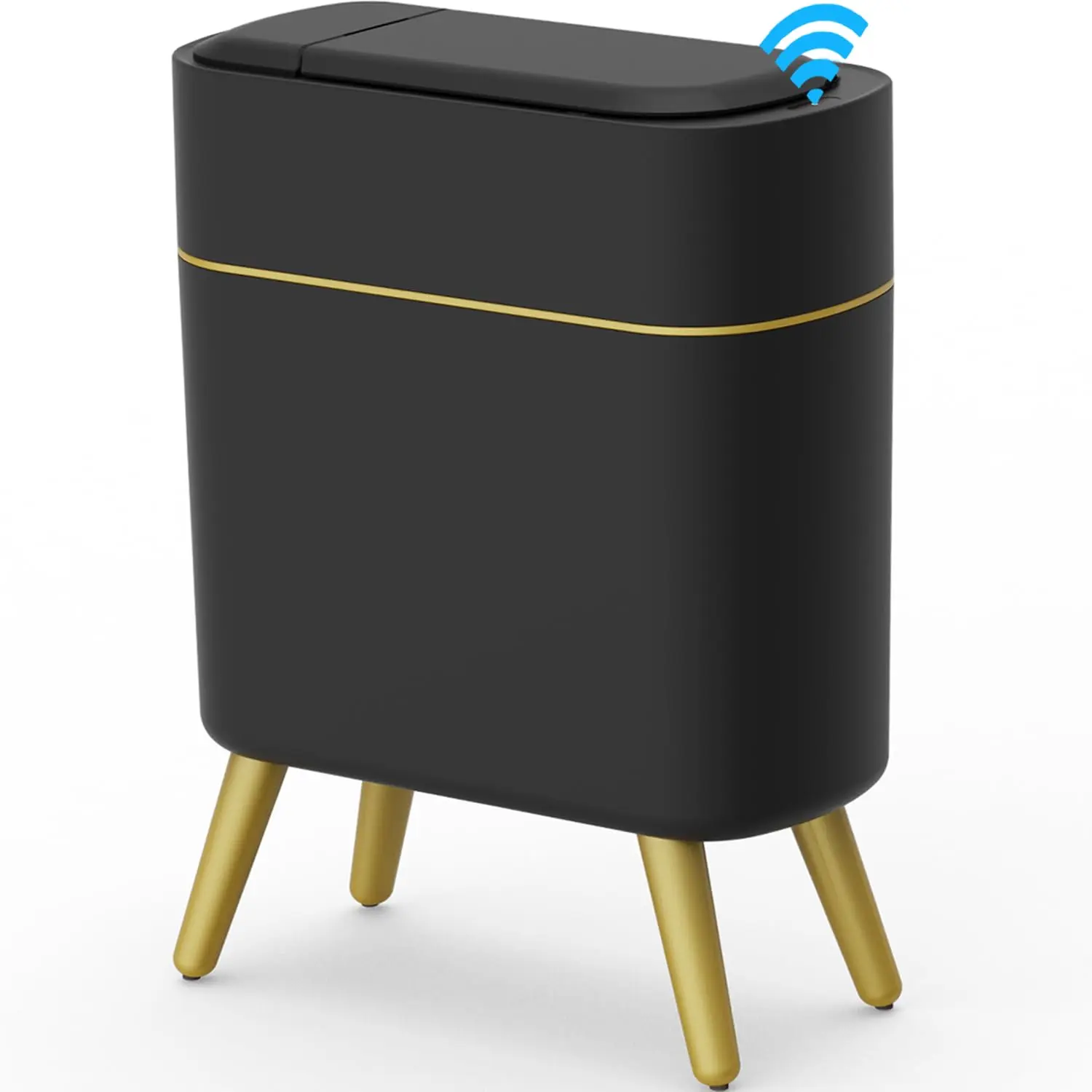 Touchless - Trash Bin| Waste Basket for Bedroom, Laundry Room, Office, - Sensor Garbage Can with Lid - Black with Gold Edge