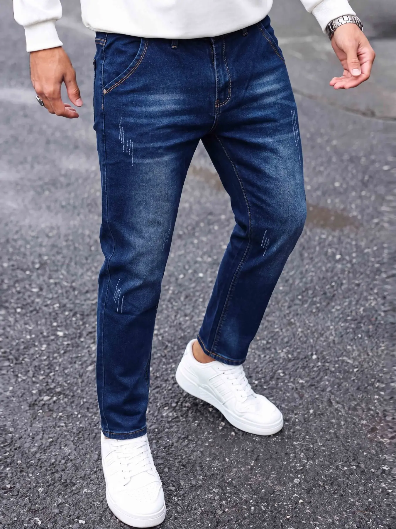 Men's Elastic Jean Long Pants, Jeans Pants, Slim Fit, Casual, Unique Scratch Design, Trendy and Versatile, Suitable for Outdoor Workwear