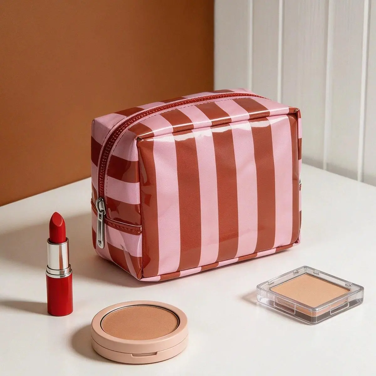 Stripe Makeup Bag for Purse, Mini Cosmetics Bag with Zipper, Cute Cosmetic Pouch for Women Girls, Key Pocket Lipstick Pouch
