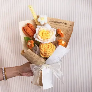 Handmade Lavender & Rose Bouquet, Knitted Small Flower Arrangement, Home Office Decor, Holiday Gift, Birthday Gift, Artificial Flowers, Free Handbag