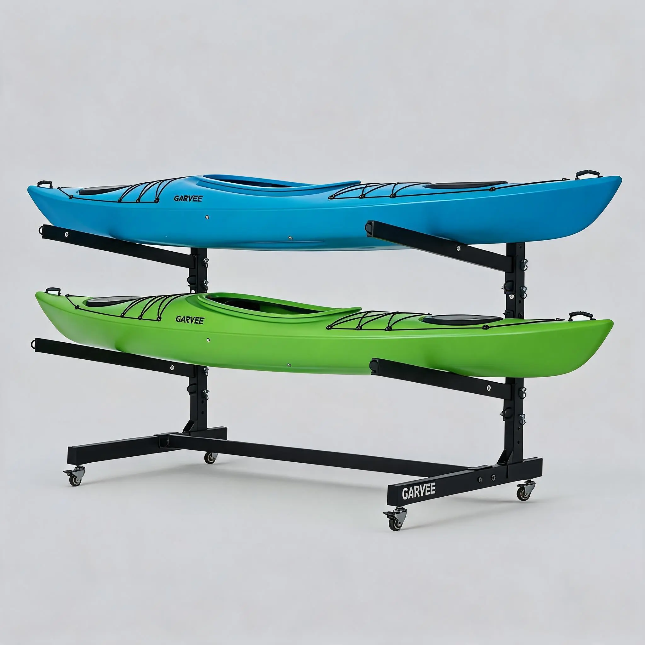 Heavy-Duty Freestanding Kayak Storage Rack with Wheels, Adjustable Steel 4-Tier Stand for Kayaks/Canoes/SUPs/Surfboards, 200 lb Capacity, Indoor/Outdoor Garage Organizer