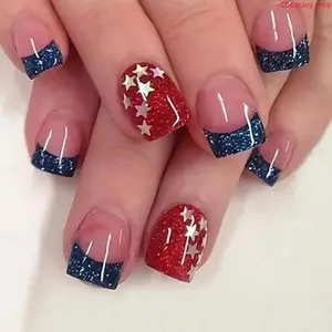 2026 24Pcs Short Ice Candy Apple Press On Nails, Glossy Glitter American Flag Nail Art, Trendy Style for Independence Day, Women & Girls