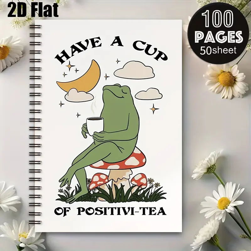 1 Spiral Coil Notebook 5.7x8.26 Inch, High-Quality Lined Pages, Durable Binding, Frog Positivi-Tea Design, Daily Journal for Home Office, School Supplies, Travel Notes, Birthday Gift for Friends, Christmas Present for Tea Lovers, Aesthetic Stationer