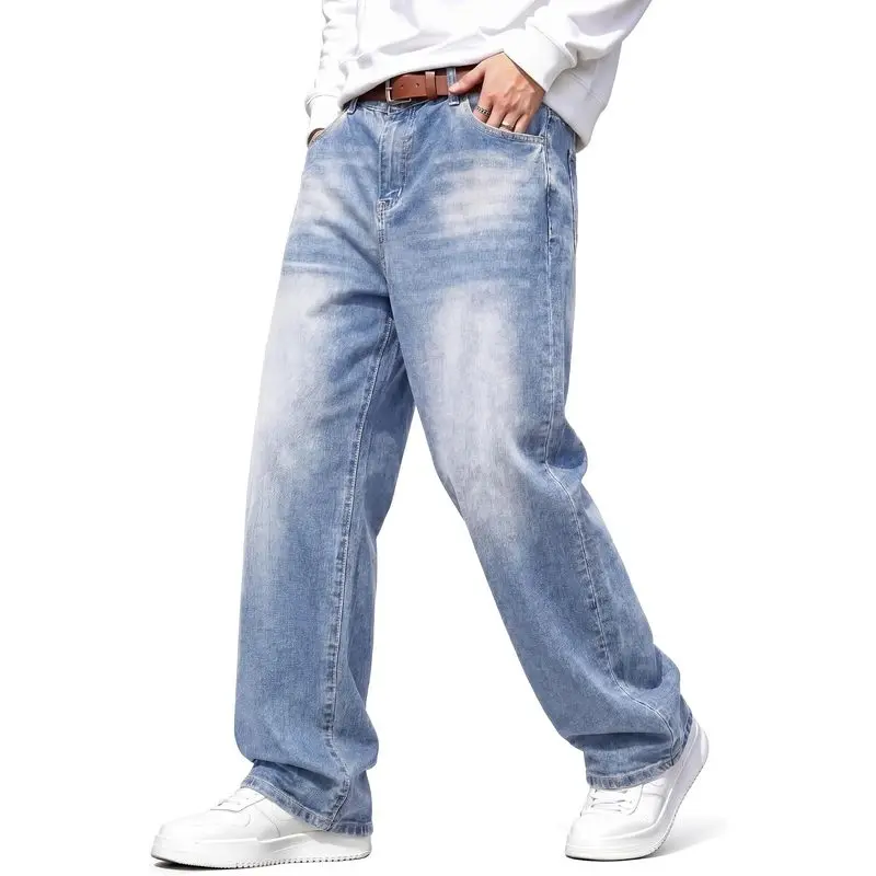 Men Tapered Baggy Carpenter Denim Jeans, Stretch Loose Wide‑Leg 5‑Pocket Trousers, Vintage Y2K Skater Hip‑Hop Street‑Wear Casual Daily‑Use Pants
