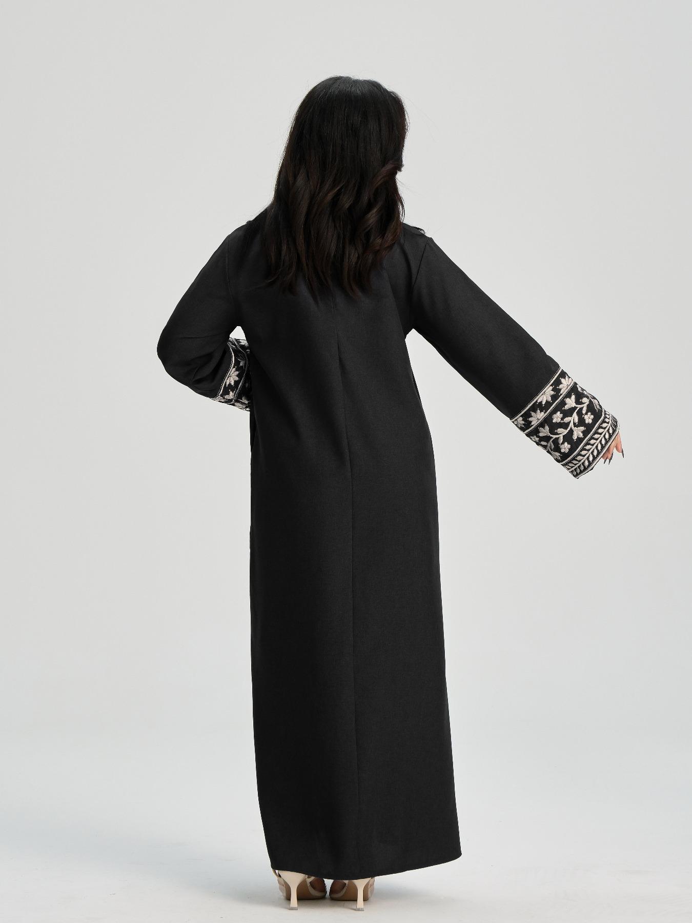 Women's Ethnic Pattern Floral Embroidery Long Sleeve Dress, Casual Round Neck Zipper Dress for Daily Wear, Ladies Islamic Clothing for All Seasons, Classy Modest Dresses, Muslim Outfits