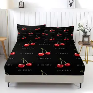 Cherry print pattern bed sheet, including 1 bed sheet and 2 pillowcases, anti slip dust cover suitable for bedrooms and guest rooms, suitable for personal use or gift giving