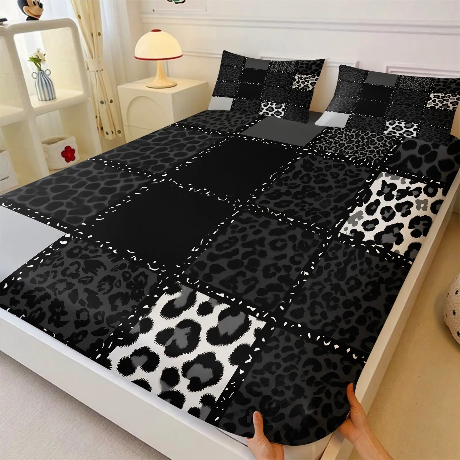 Grey Leopard Print Fitted Sheets Set Queen Size for Kids Teens Adults, 1 Fitted Sheet & 2 Pillowcase, Animal Skin Texture Bedding Set, Patchwork Geometric Bed Sheets Set, Farmhouse Flat Deep Pockets Sheet Sets