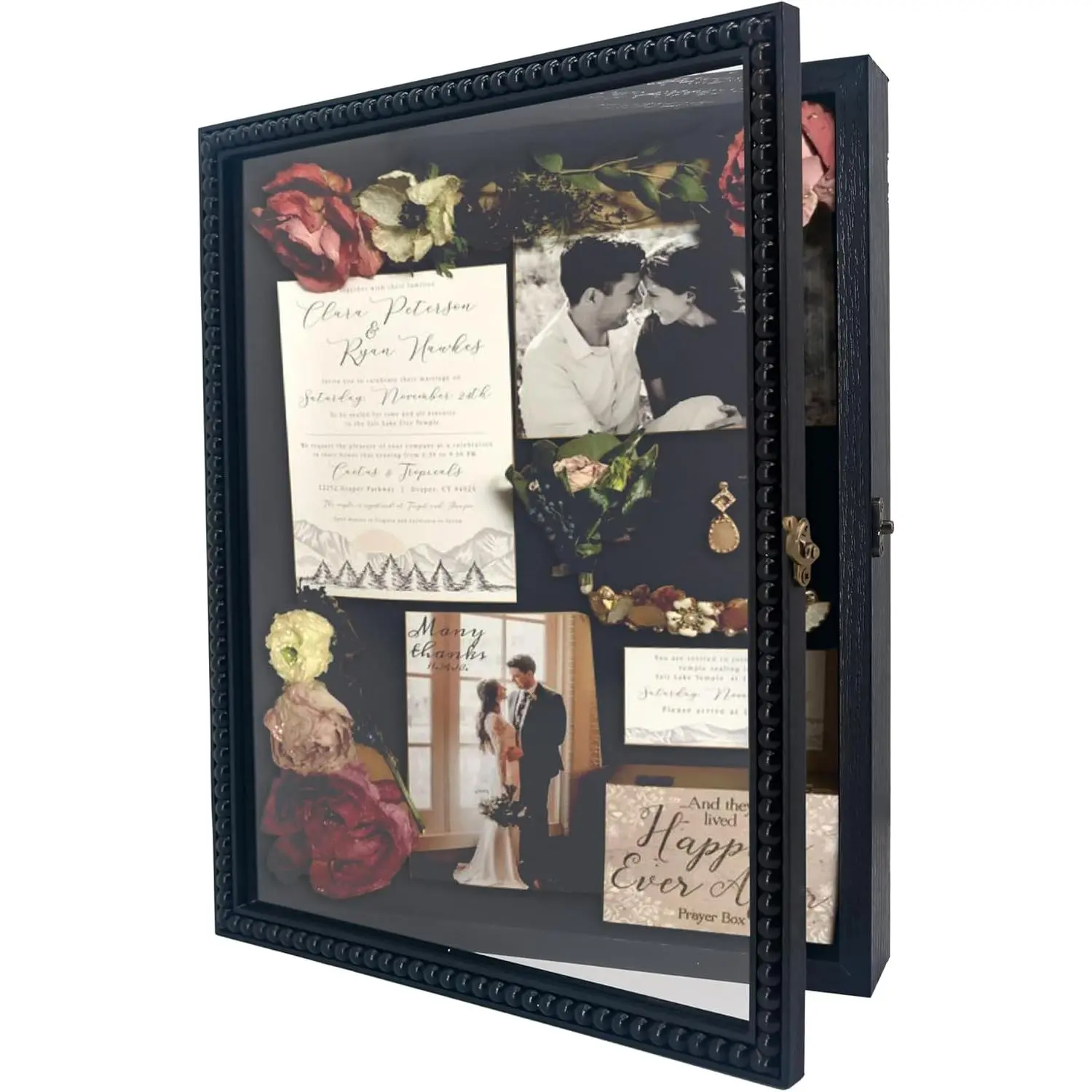 Shadow Box 11x14 Front Open with Hinge Beaded Designed Display Case with Linen , Picture Frame Wedding Bouquet Memorabilia Medals Photos Memory Box for Keepsakes Black