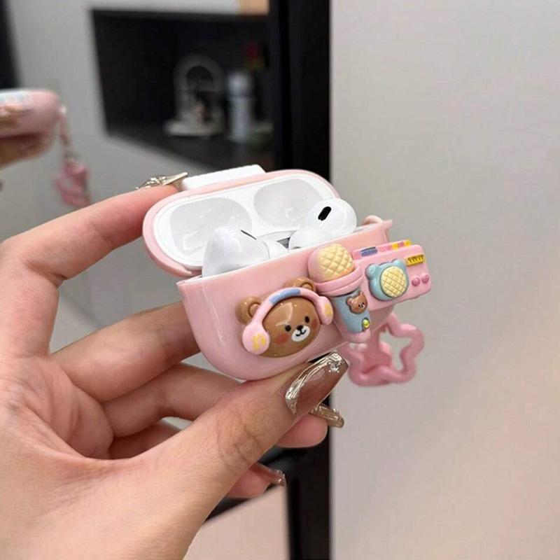 Cute Cartoon Music Bear Earphone Case for Airpods 1/ 2/ 3/ 4/ Pro/ Pro 2 - Anti-Drop Protective Cover with Music Pendant, Girls' Favorite Kawaii Accessory for Airpods Users