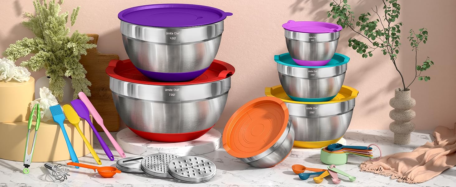 Umite Chef Mixing Bowls with Lids Set, 26Pcs Colorful Stainless Steel Bowls Set, Nesting Bowls with Grater Attachments, Large Kitchen Bowls Set with Non-Slip Bottoms for Mixing & Serving