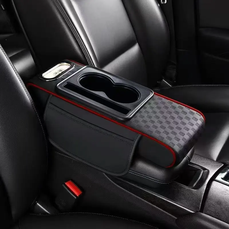 Car Center Armrest Extender Pad, Portable Armrest Cushion with Dual Cup Holders and Side Storage Bag,Universal Vehicle Console Organizer, Ideal Holiday Gift