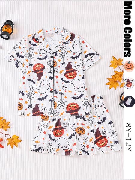 Halloween Children's 2-Piece Pajamas Set, New Halloween Bat Pumpkin Head Ghost Star Cardigan Short Sleeve Shorts,'s Medium and Large Pajamas for Party, Daily Wear, Vacation Home Clothes 2-Piece Pajamas Set